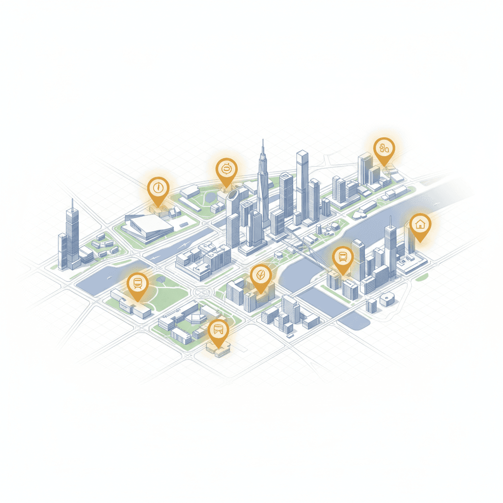 Illustrated isometric map of the neighborhood around Platform 9 café
